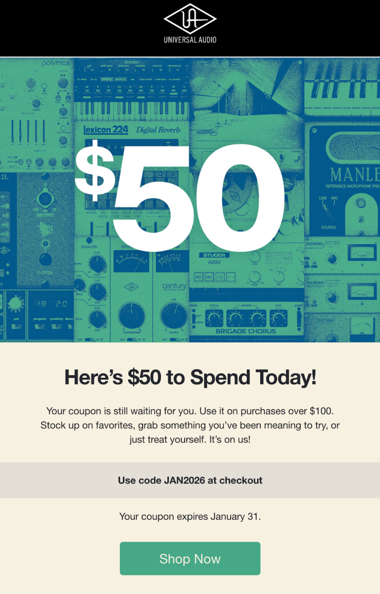 Screenshot of a $50 voucher offer in an abandoned cart email chain.